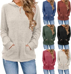 Women's Sweater Hoodies Fall Ribbed Knit Soft Touch Long Sleeve Hooded Tunics Dressy Crewneck Pullover Basic Sweater