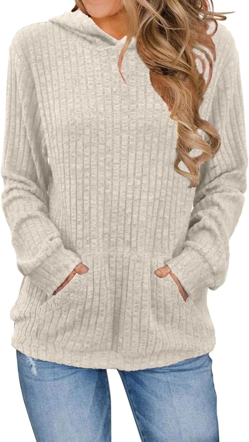 Women's Sweater Hoodies Fall Ribbed Knit Soft Touch Long Sleeve Hooded Tunics Dressy Crewneck Pullover Basic Sweater