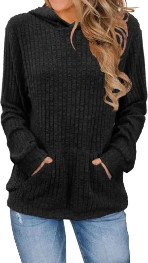 Women's Sweater Hoodies Fall Ribbed Knit Soft Touch Long Sleeve Hooded Tunics Dressy Crewneck Pullover Basic Sweater
