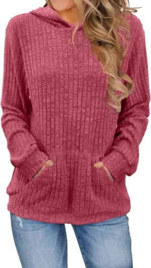 Women's Sweater Hoodies Fall Ribbed Knit Soft Touch Long Sleeve Hooded Tunics Dressy Crewneck Pullover Basic Sweater
