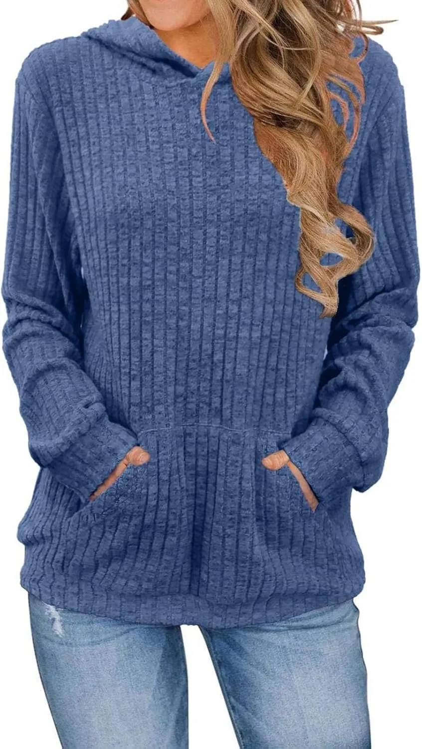 Women's Sweater Hoodies Fall Ribbed Knit Soft Touch Long Sleeve Hooded Tunics Dressy Crewneck Pullover Basic Sweater