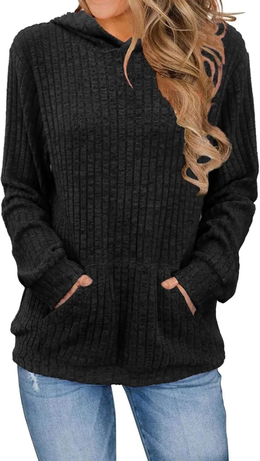 Women's Sweater Hoodies Fall Ribbed Knit Soft Touch Long Sleeve Hooded Tunics Dressy Crewneck Pullover Basic Sweater