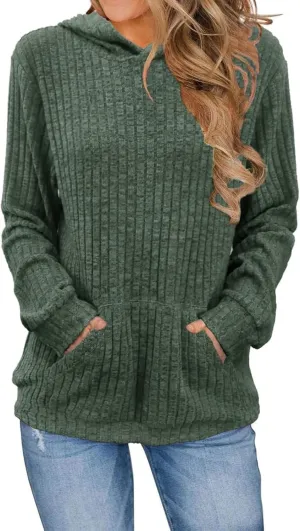 Women's Sweater Hoodies Fall Ribbed Knit Soft Touch Long Sleeve Hooded Tunics Dressy Crewneck Pullover Basic Sweater