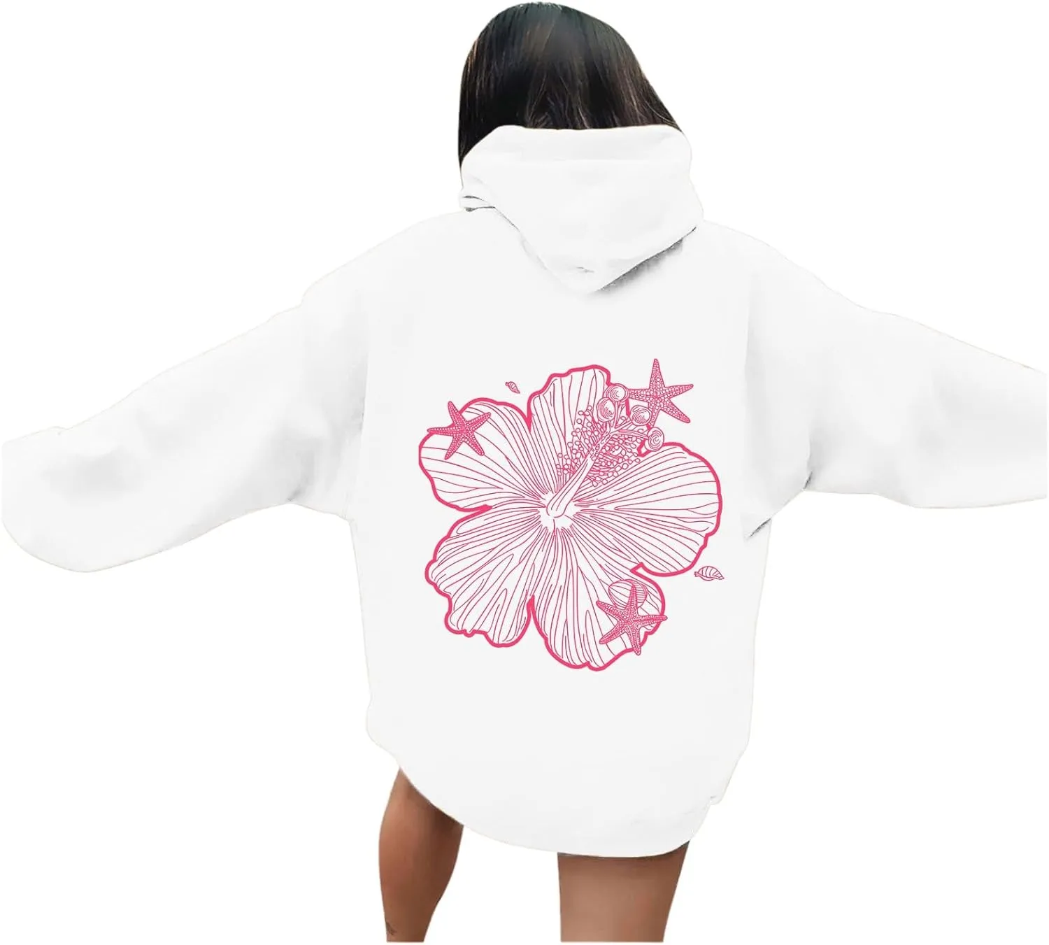 Womens Sweatshirt Floral Print Long Sleeve Drop Shoulder Casual Sweatshirts Drawstring Pockets Comfort Trendy Hoodie