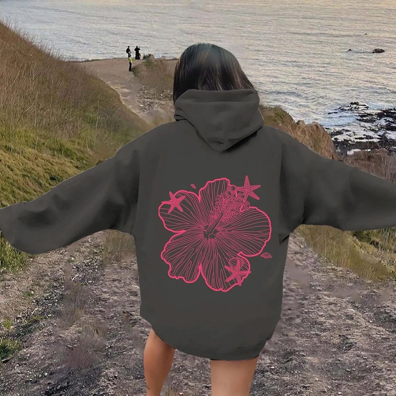 Womens Sweatshirt Floral Print Long Sleeve Drop Shoulder Casual Sweatshirts Drawstring Pockets Comfort Trendy Hoodie