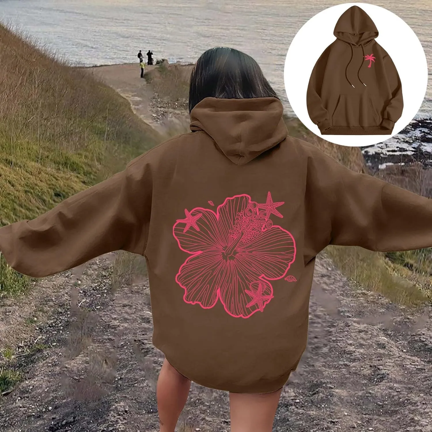 Womens Sweatshirt Floral Print Long Sleeve Drop Shoulder Casual Sweatshirts Drawstring Pockets Comfort Trendy Hoodie