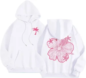 Womens Sweatshirt Floral Print Long Sleeve Drop Shoulder Casual Sweatshirts Drawstring Pockets Comfort Trendy Hoodie