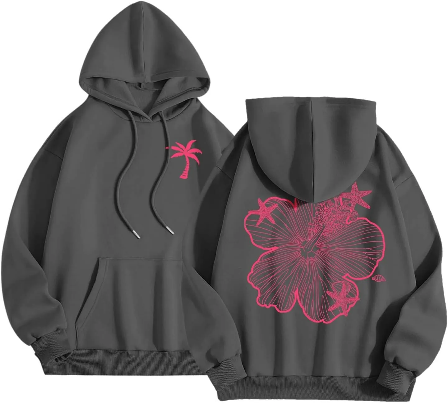 Womens Sweatshirt Floral Print Long Sleeve Drop Shoulder Casual Sweatshirts Drawstring Pockets Comfort Trendy Hoodie