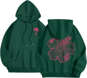 Womens Sweatshirt Floral Print Long Sleeve Drop Shoulder Casual Sweatshirts Drawstring Pockets Comfort Trendy Hoodie