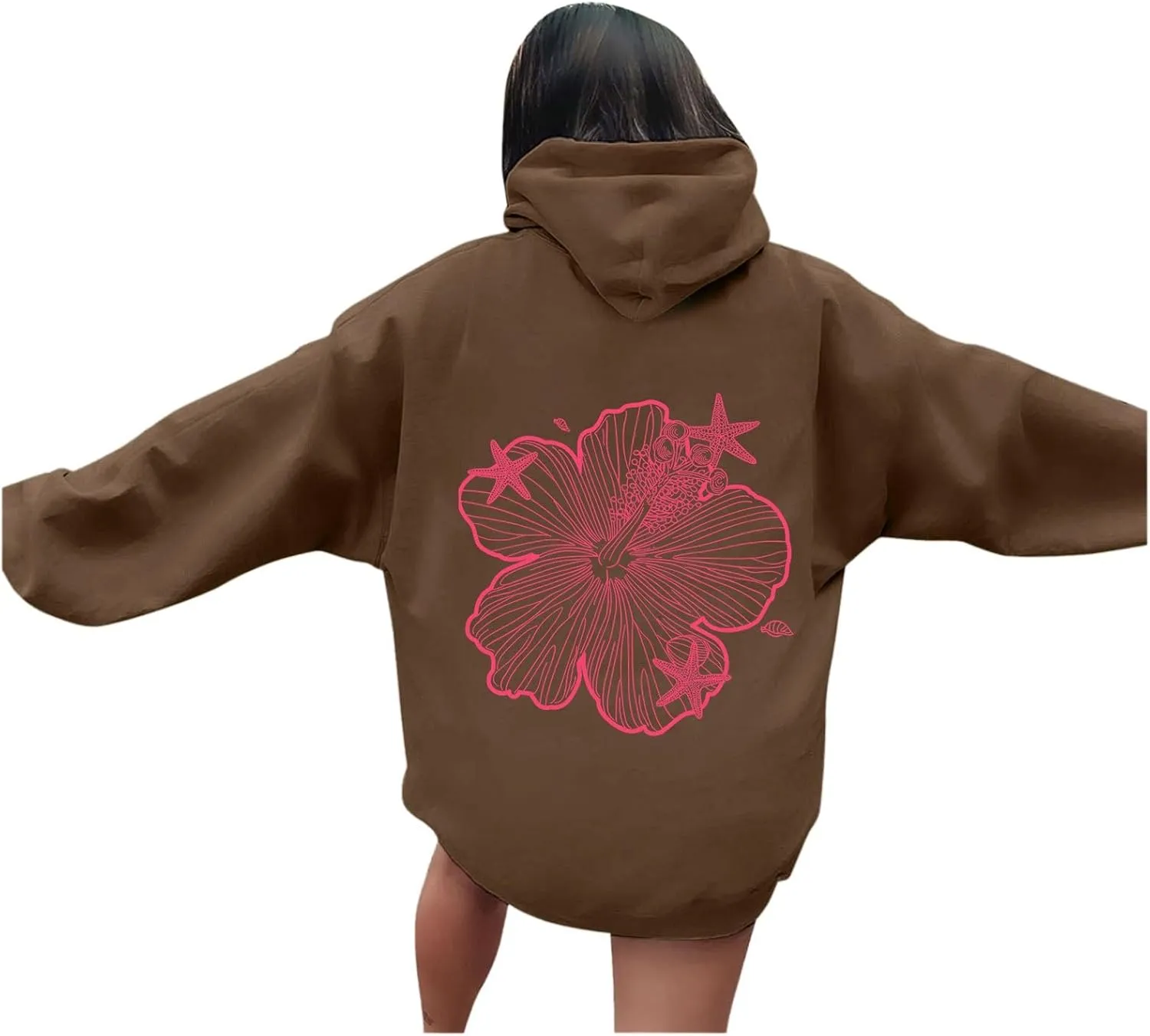 Womens Sweatshirt Floral Print Long Sleeve Drop Shoulder Casual Sweatshirts Drawstring Pockets Comfort Trendy Hoodie