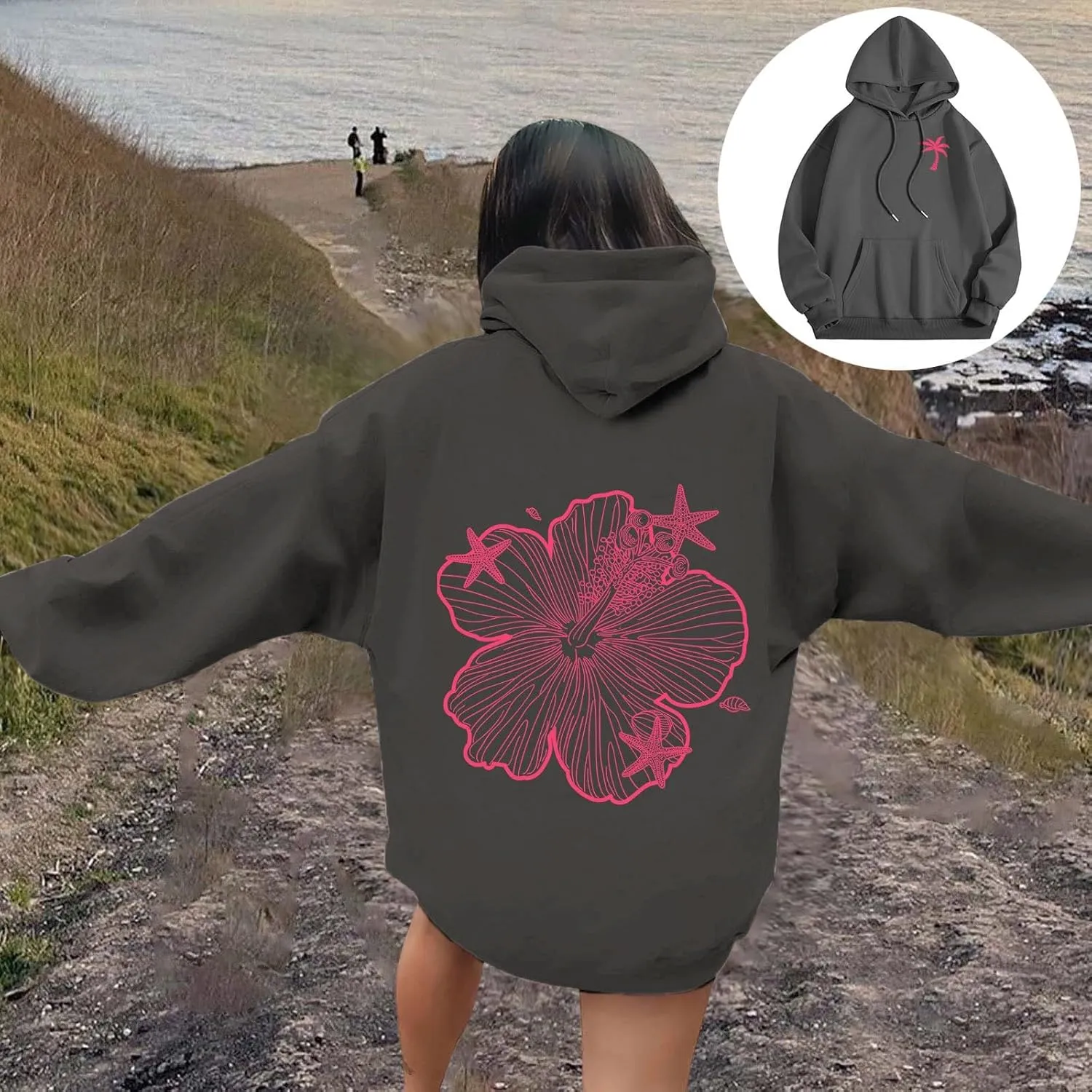 Womens Sweatshirt Floral Print Long Sleeve Drop Shoulder Casual Sweatshirts Drawstring Pockets Comfort Trendy Hoodie
