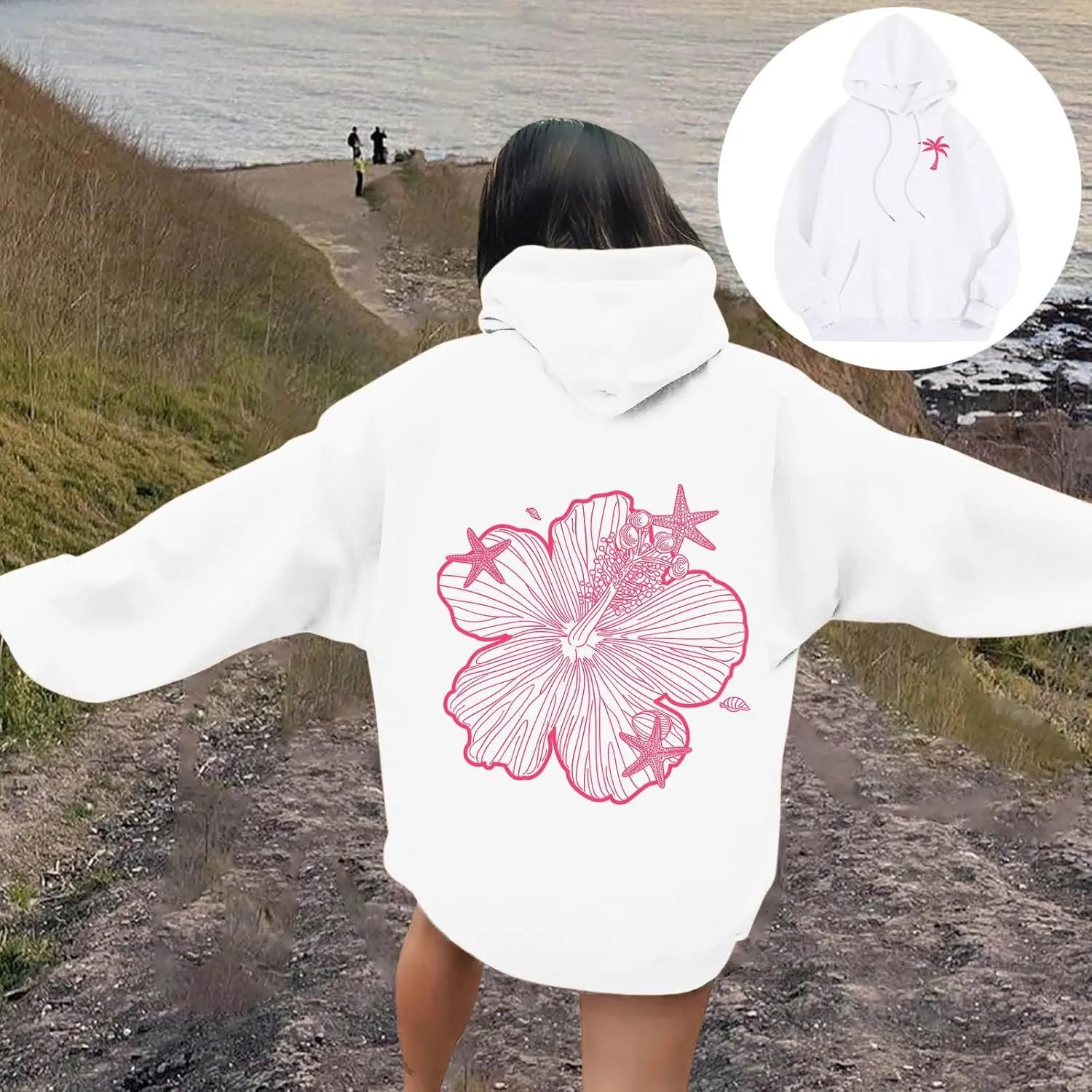 Womens Sweatshirt Floral Print Long Sleeve Drop Shoulder Casual Sweatshirts Drawstring Pockets Comfort Trendy Hoodie