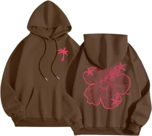 Womens Sweatshirt Floral Print Long Sleeve Drop Shoulder Casual Sweatshirts Drawstring Pockets Comfort Trendy Hoodie