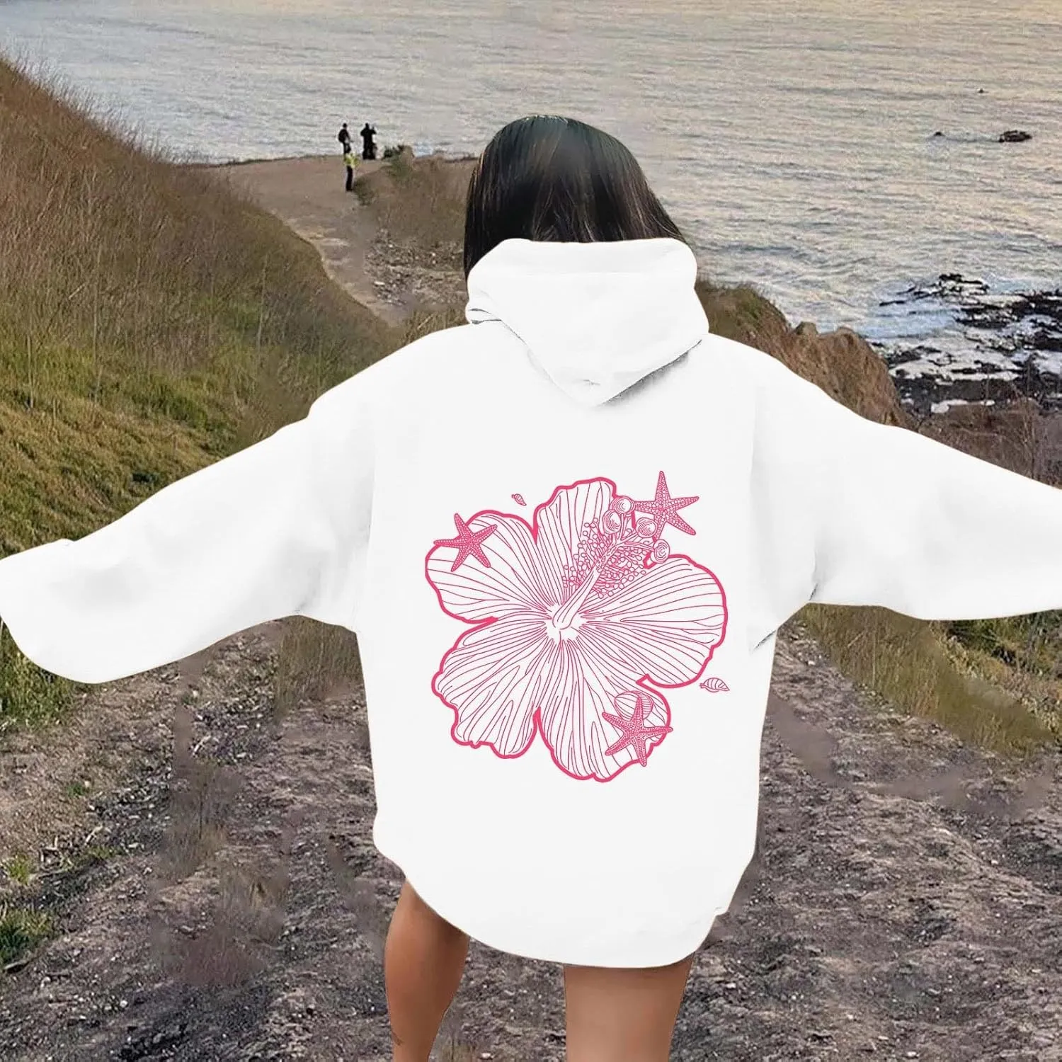 Womens Sweatshirt Floral Print Long Sleeve Drop Shoulder Casual Sweatshirts Drawstring Pockets Comfort Trendy Hoodie