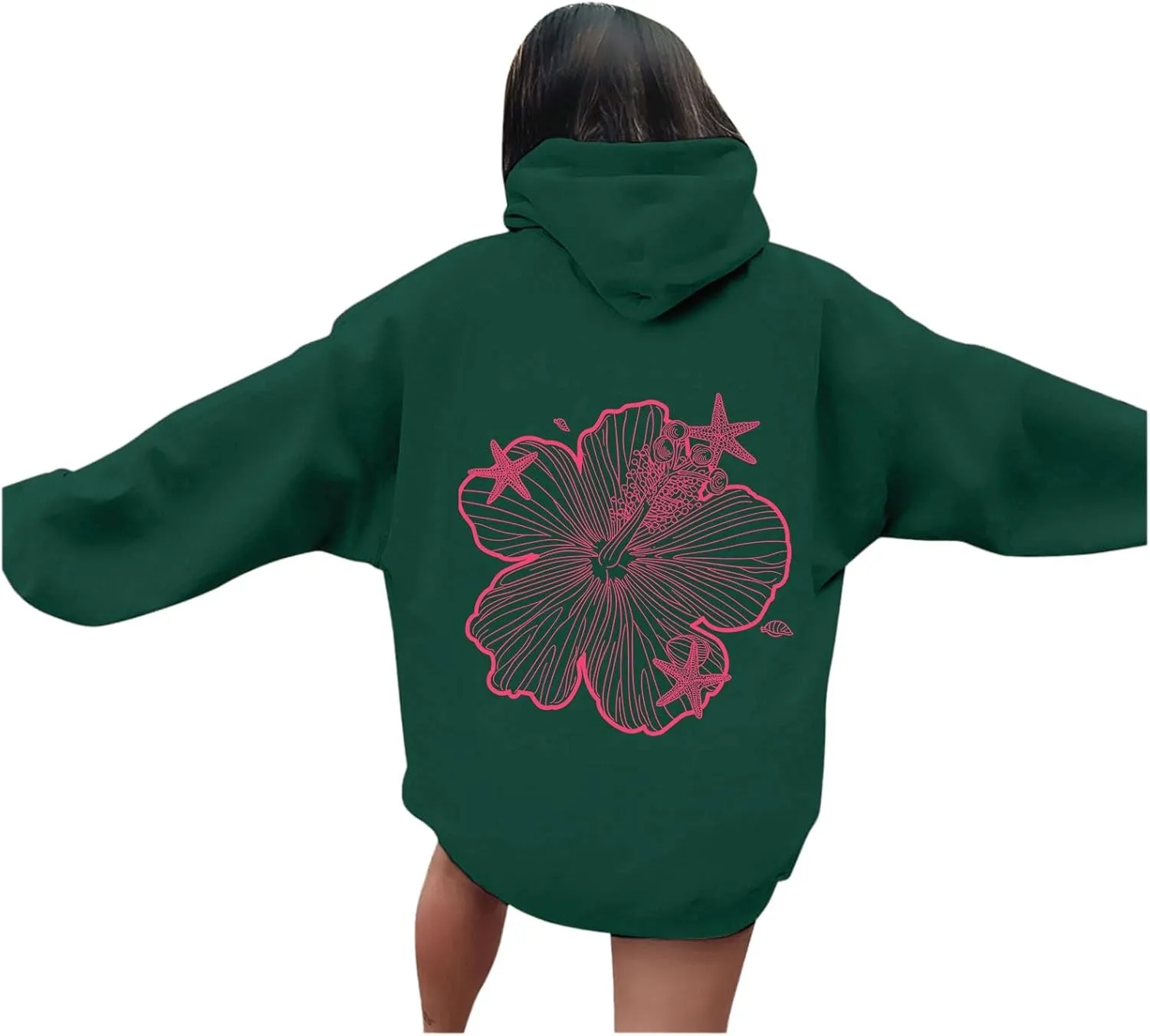 Womens Sweatshirt Floral Print Long Sleeve Drop Shoulder Casual Sweatshirts Drawstring Pockets Comfort Trendy Hoodie