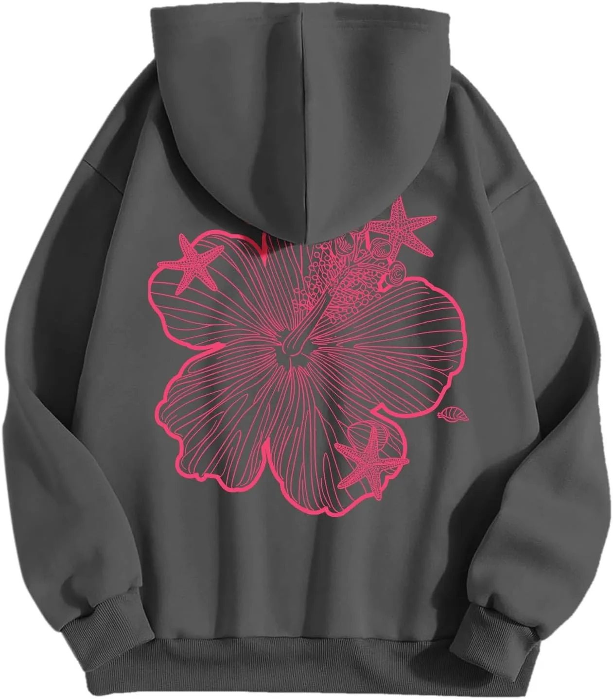 Womens Sweatshirt Floral Print Long Sleeve Drop Shoulder Casual Sweatshirts Drawstring Pockets Comfort Trendy Hoodie