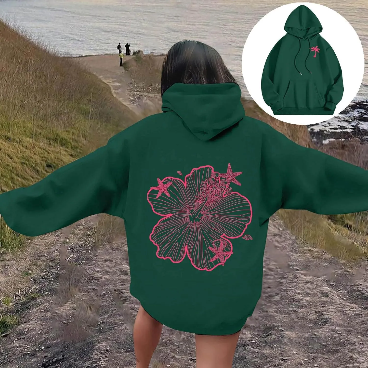 Womens Sweatshirt Floral Print Long Sleeve Drop Shoulder Casual Sweatshirts Drawstring Pockets Comfort Trendy Hoodie