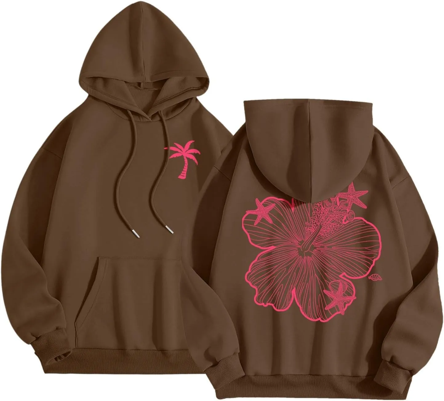 Womens Sweatshirt Floral Print Long Sleeve Drop Shoulder Casual Sweatshirts Drawstring Pockets Comfort Trendy Hoodie