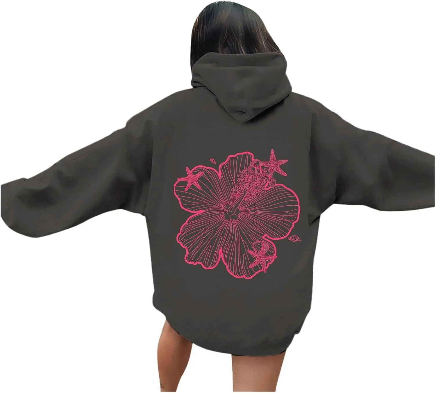 Womens Sweatshirt Floral Print Long Sleeve Drop Shoulder Casual Sweatshirts Drawstring Pockets Comfort Trendy Hoodie