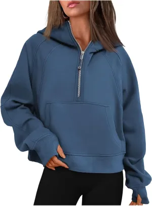 Womens Sweatshirts Half Zip Cropped Pullover Fleece Quarter Zipper Hoodies Spring Outfits Clothes Thumb Hole