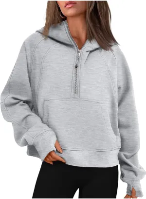 Womens Sweatshirts Half Zip Cropped Pullover Fleece Quarter Zipper Hoodies Spring Outfits Clothes Thumb Hole