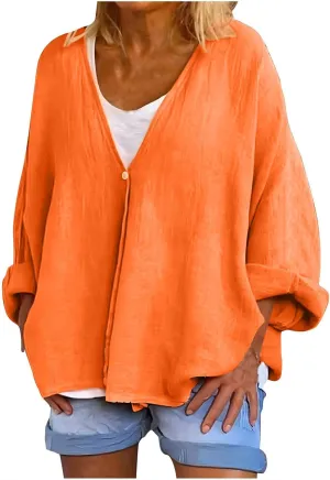 Womens Tops Casual Summer Linen Work Tops Trendy Button Down V Neck Long Sleeve Shirts Oversized Comfy Top Blouses