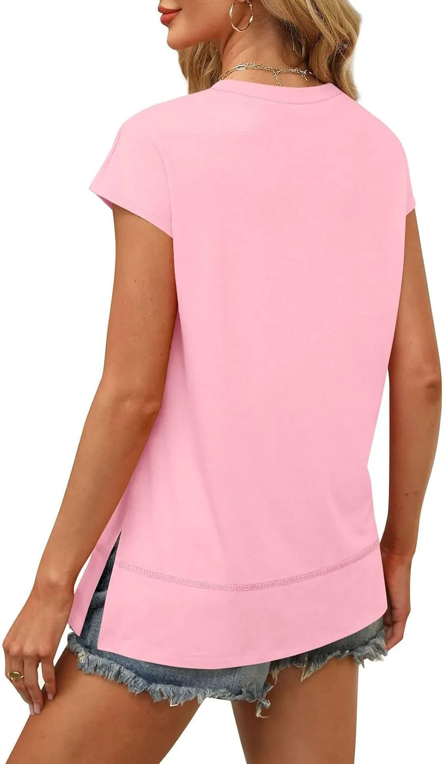 Womens Tops Fashion Cap Sleeves Round Neck Side Slit Solid Color Loose Comfy Casual Summer Outdoor Walking T-Shirts