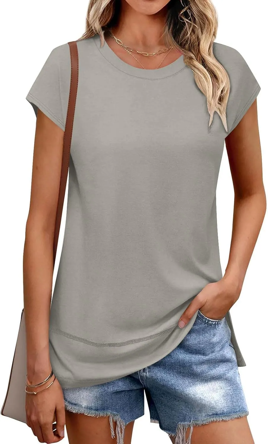 Womens Tops Fashion Cap Sleeves Round Neck Side Slit Solid Color Loose Comfy Casual Summer Outdoor Walking T-Shirts