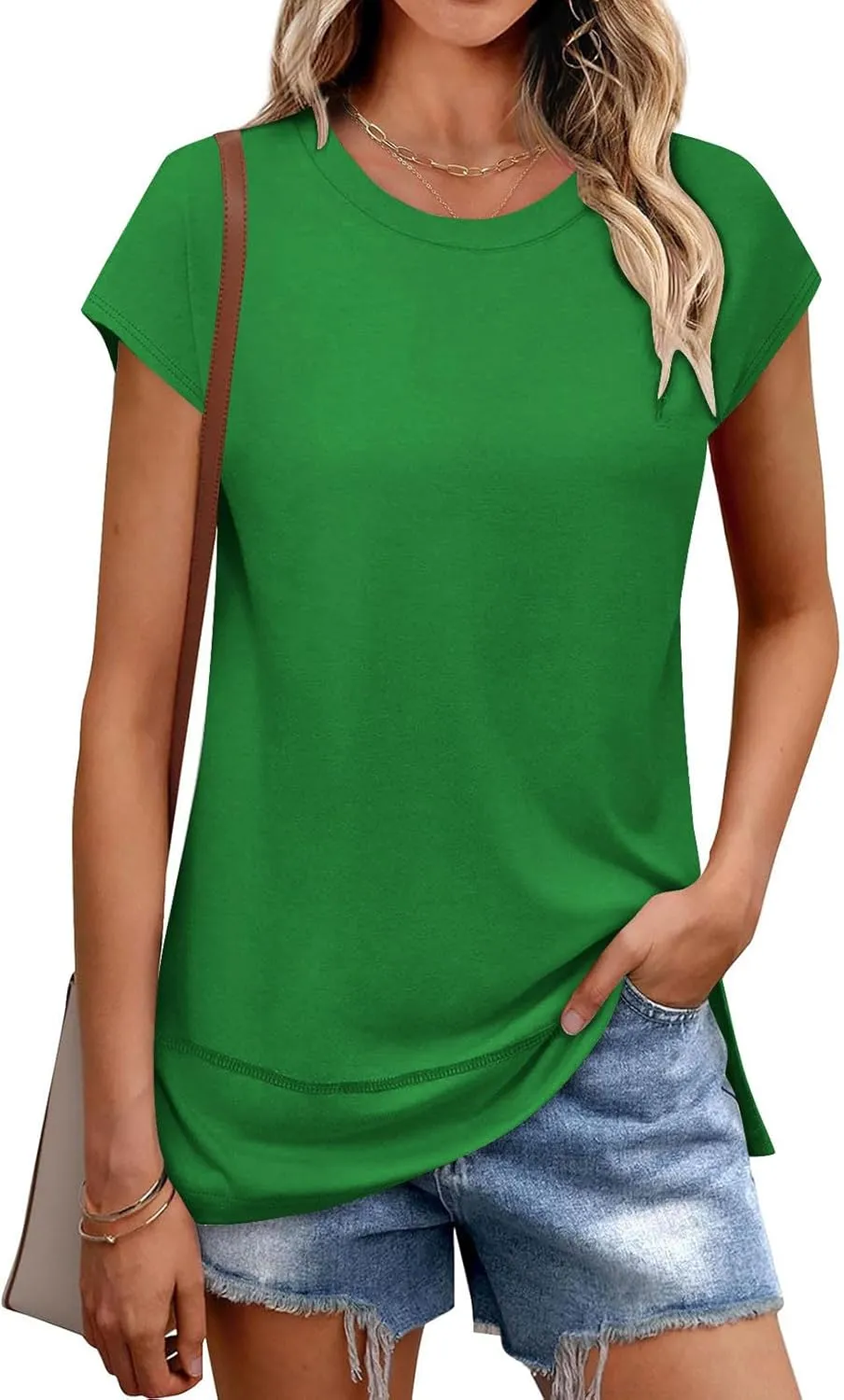 Womens Tops Fashion Cap Sleeves Round Neck Side Slit Solid Color Loose Comfy Casual Summer Outdoor Walking T-Shirts