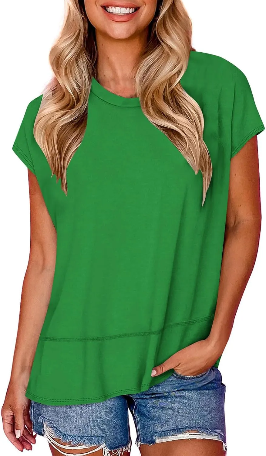 Womens Tops Fashion Cap Sleeves Round Neck Side Slit Solid Color Loose Comfy Casual Summer Outdoor Walking T-Shirts