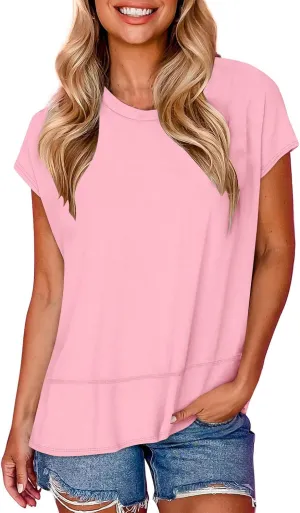 Womens Tops Fashion Cap Sleeves Round Neck Side Slit Solid Color Loose Comfy Casual Summer Outdoor Walking T-Shirts