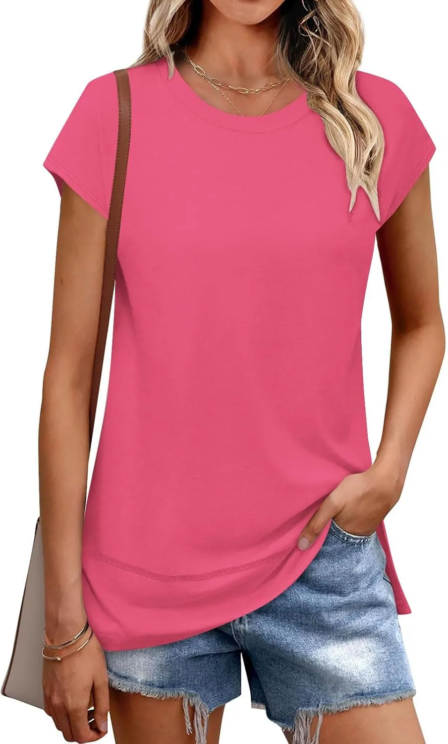 Womens Tops Fashion Cap Sleeves Round Neck Side Slit Solid Color Loose Comfy Casual Summer Outdoor Walking T-Shirts