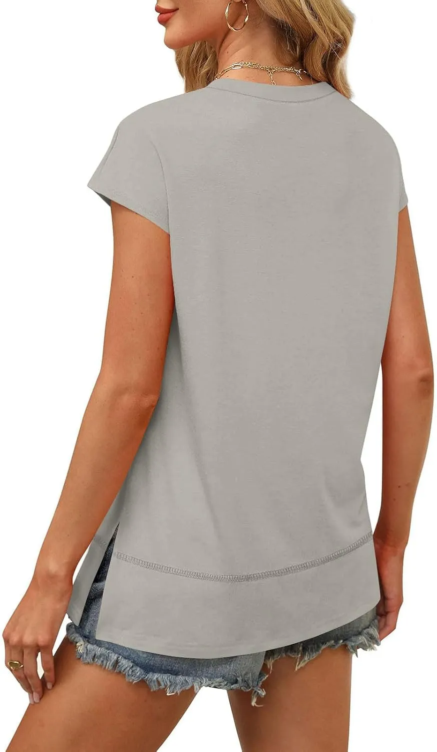 Womens Tops Fashion Cap Sleeves Round Neck Side Slit Solid Color Loose Comfy Casual Summer Outdoor Walking T-Shirts