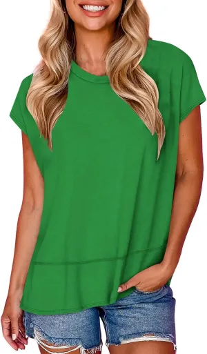 Womens Tops Fashion Cap Sleeves Round Neck Side Slit Solid Color Loose Comfy Casual Summer Outdoor Walking T-Shirts