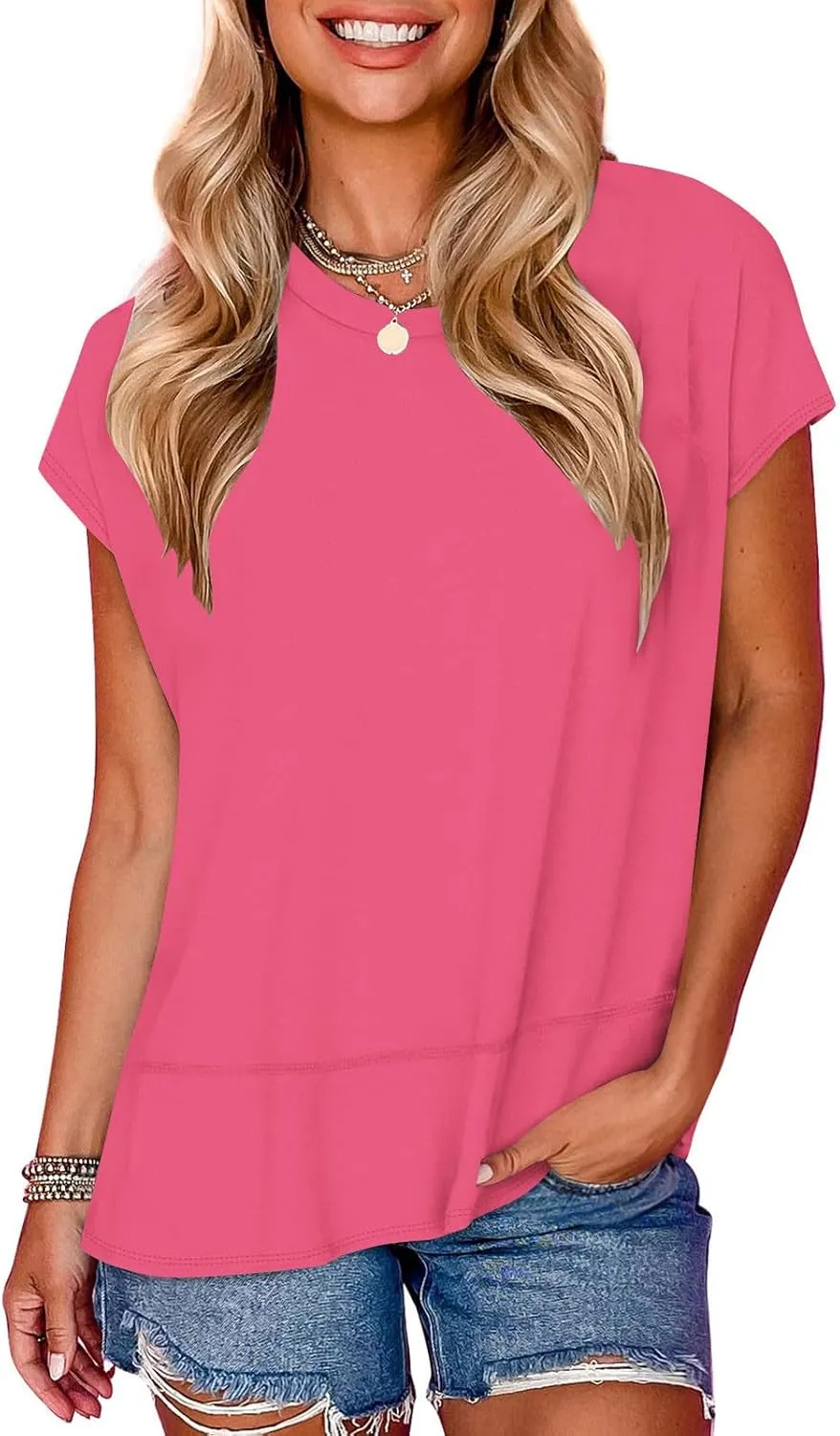 Womens Tops Fashion Cap Sleeves Round Neck Side Slit Solid Color Loose Comfy Casual Summer Outdoor Walking T-Shirts