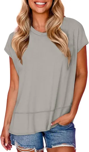 Womens Tops Fashion Cap Sleeves Round Neck Side Slit Solid Color Loose Comfy Casual Summer Outdoor Walking T-Shirts