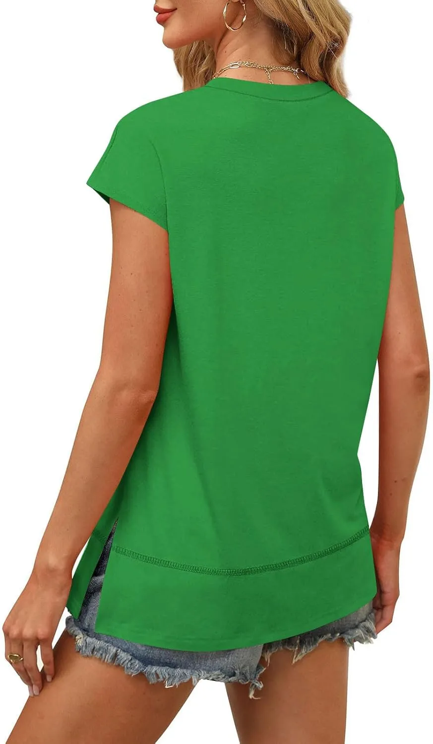 Womens Tops Fashion Cap Sleeves Round Neck Side Slit Solid Color Loose Comfy Casual Summer Outdoor Walking T-Shirts