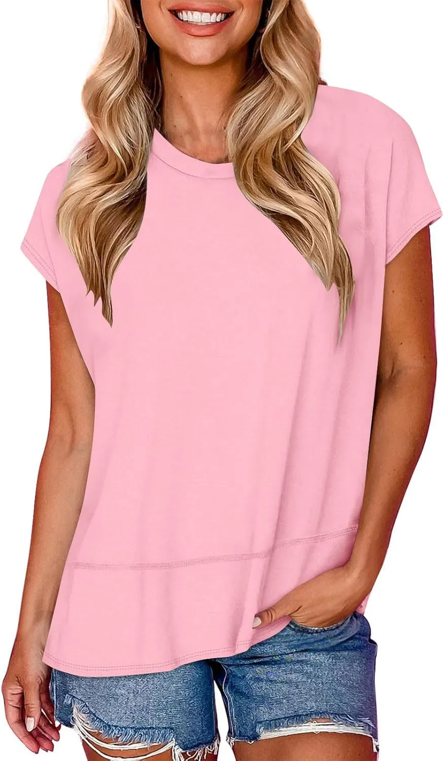 Womens Tops Fashion Cap Sleeves Round Neck Side Slit Solid Color Loose Comfy Casual Summer Outdoor Walking T-Shirts