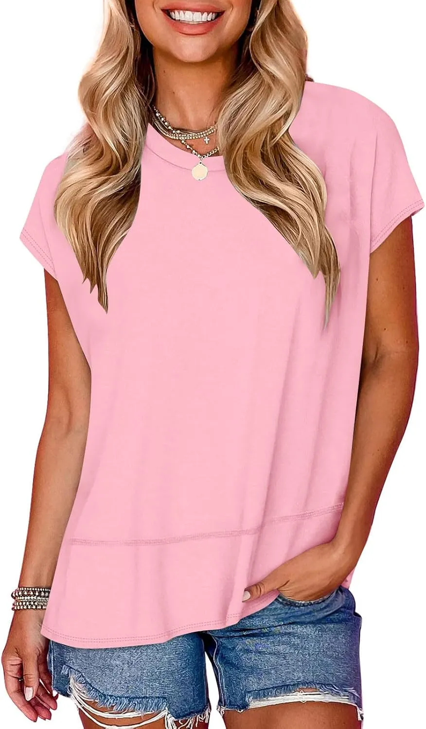 Womens Tops Fashion Cap Sleeves Round Neck Side Slit Solid Color Loose Comfy Casual Summer Outdoor Walking T-Shirts