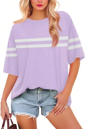 Womens Tops T Shirts Short Sleeve Crewneck Summer Casual Loose Basic Tee Shirt 2025 Trendy Fashion Striped Clothes