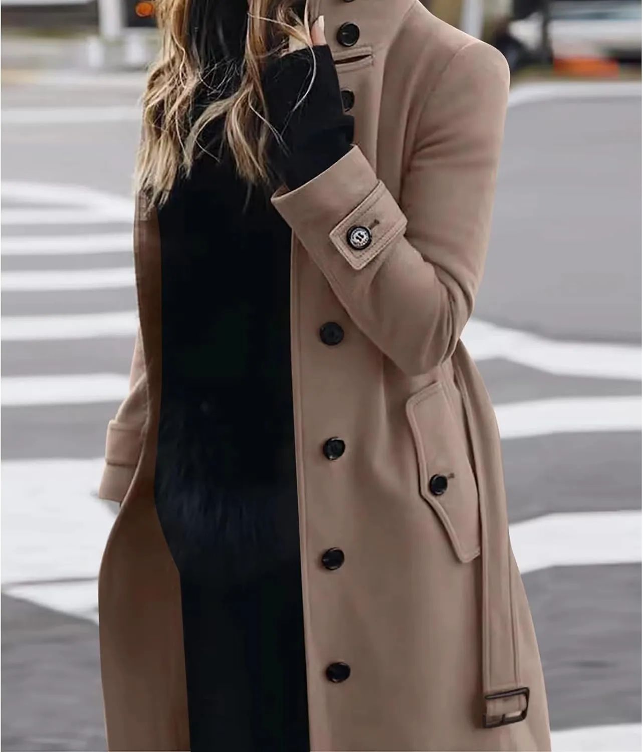 Womens Trench Coat Single Breasted Belted Coats Oversized Thick Warm Outerwear Stand Collar Winter Wool Blend Outwear