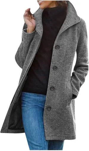Women's Wool Blend Pea Coat Causal Winter Warm Single Breasted Mid Long Trench Coat Elegant Overcoat Windbreaker 2024