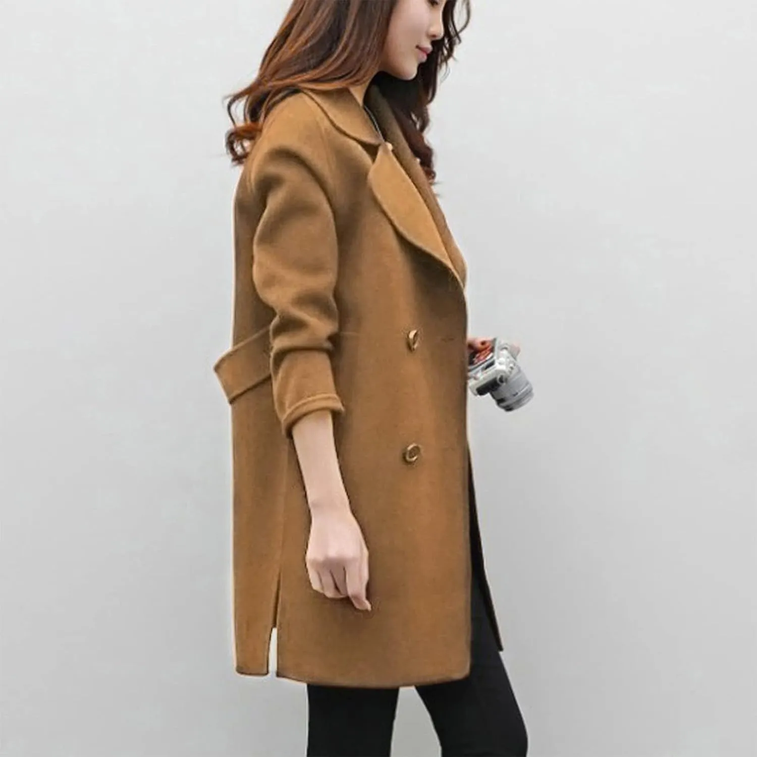 Women's Wool Blend Trench Coats Elegant Notched Collar Double Breasted Pea Coats Mid-Long Oversized Winter Jacket