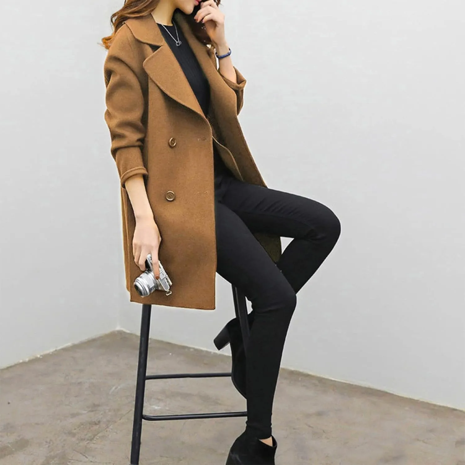 Women's Wool Blend Trench Coats Elegant Notched Collar Double Breasted Pea Coats Mid-Long Oversized Winter Jacket