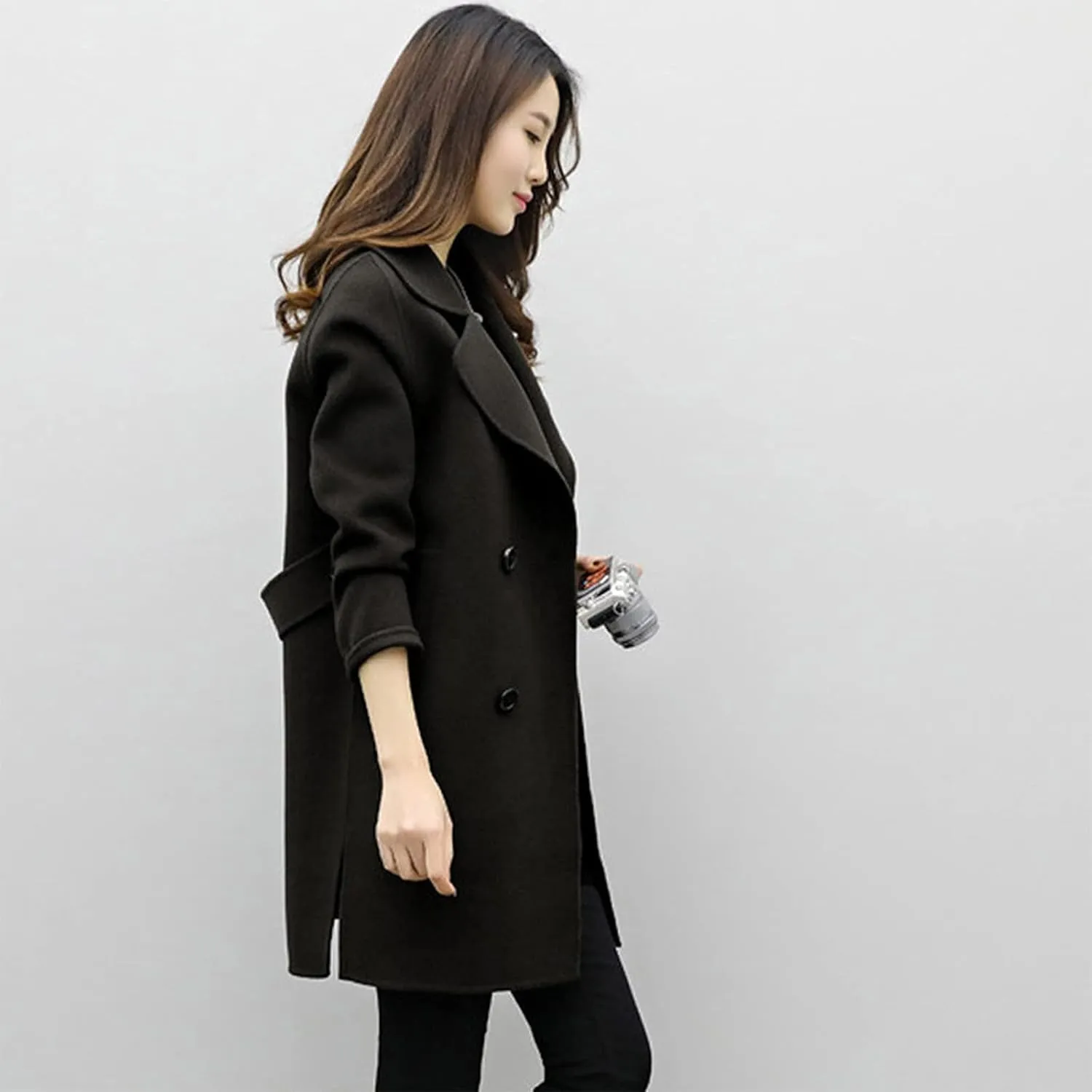 Women's Wool Blend Trench Coats Elegant Notched Collar Double Breasted Pea Coats Mid-Long Oversized Winter Jacket