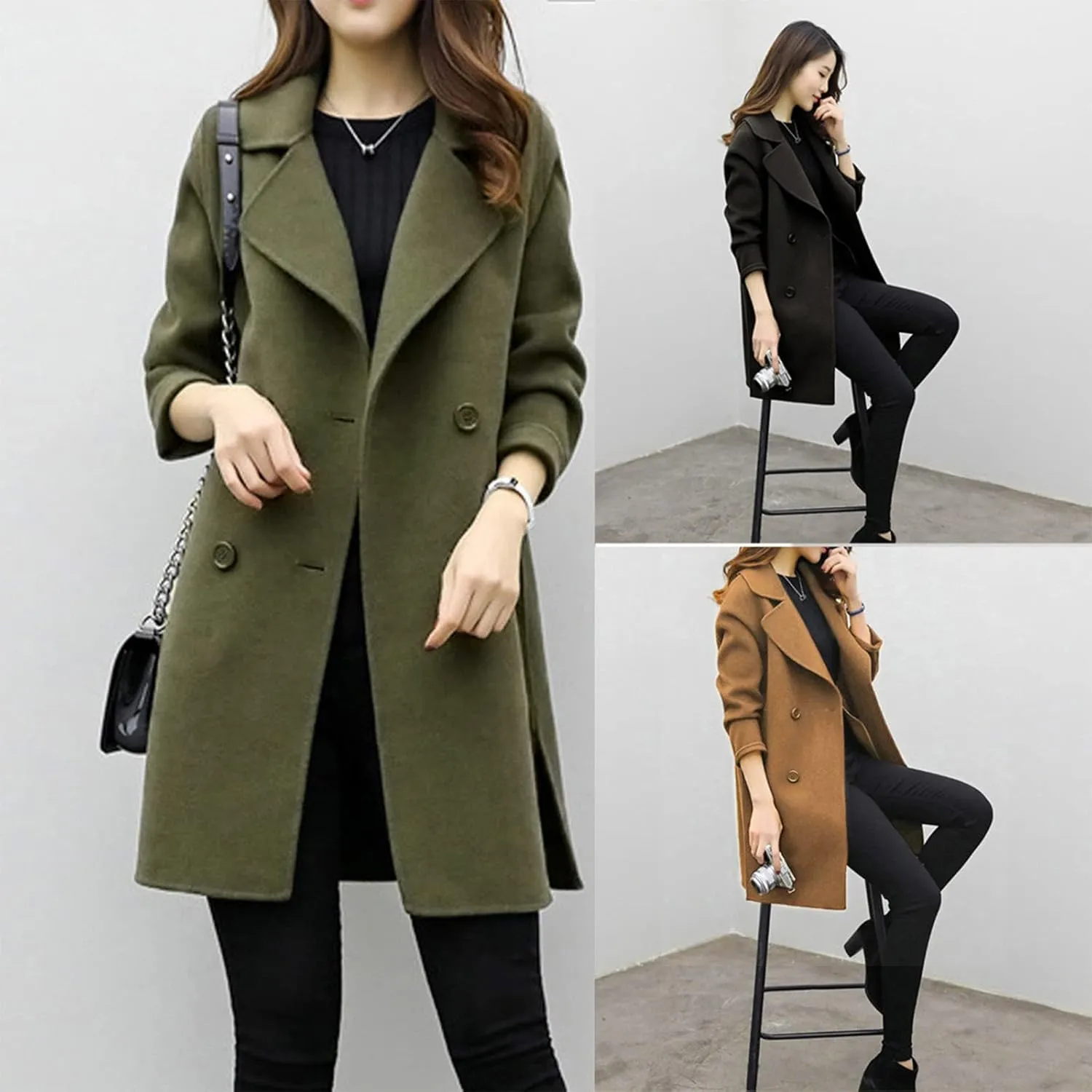 Women's Wool Blend Trench Coats Elegant Notched Collar Double Breasted Pea Coats Mid-Long Oversized Winter Jacket