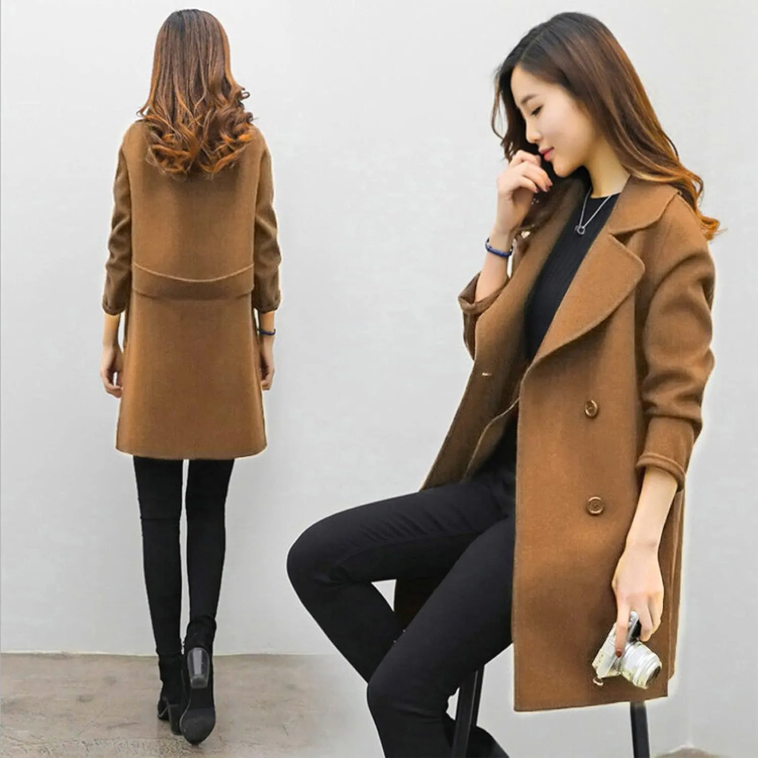Women's Wool Blend Trench Coats Elegant Notched Collar Double Breasted Pea Coats Mid-Long Oversized Winter Jacket
