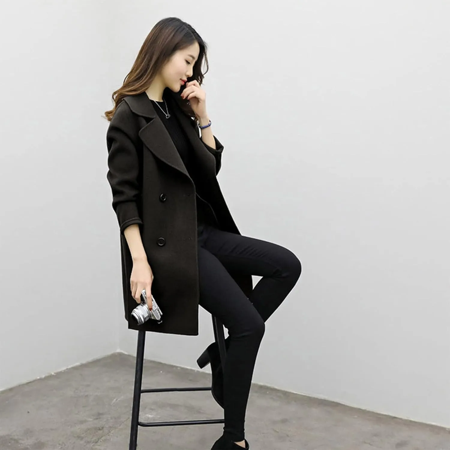 Women's Wool Blend Trench Coats Elegant Notched Collar Double Breasted Pea Coats Mid-Long Oversized Winter Jacket