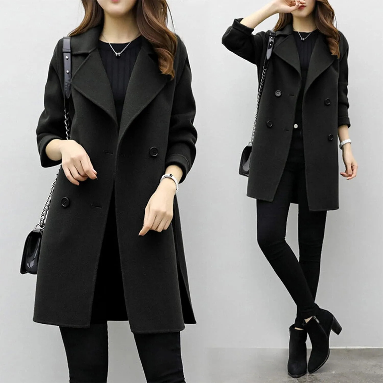 Women's Wool Blend Trench Coats Elegant Notched Collar Double Breasted Pea Coats Mid-Long Oversized Winter Jacket