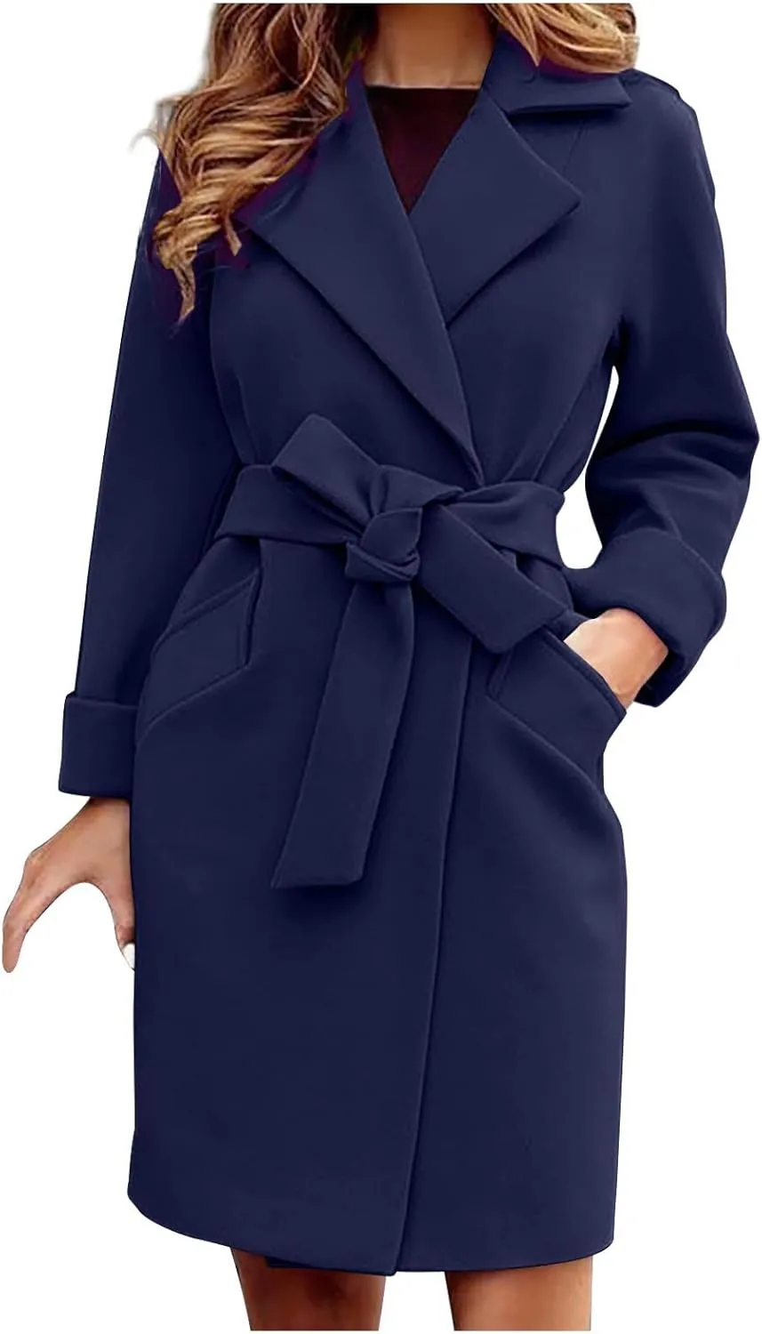 Women’S Wool Blend Winter Coats Double Breasted Notch Lapel Trench Coat Thicken Warm Overcoat Jackets with Belts